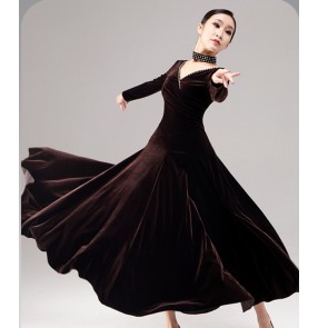 Coffee Black velvet ballroom dance dresses with diamond for women girls smooth waltz tango rhythm foxtrot smooth dance long gown for female